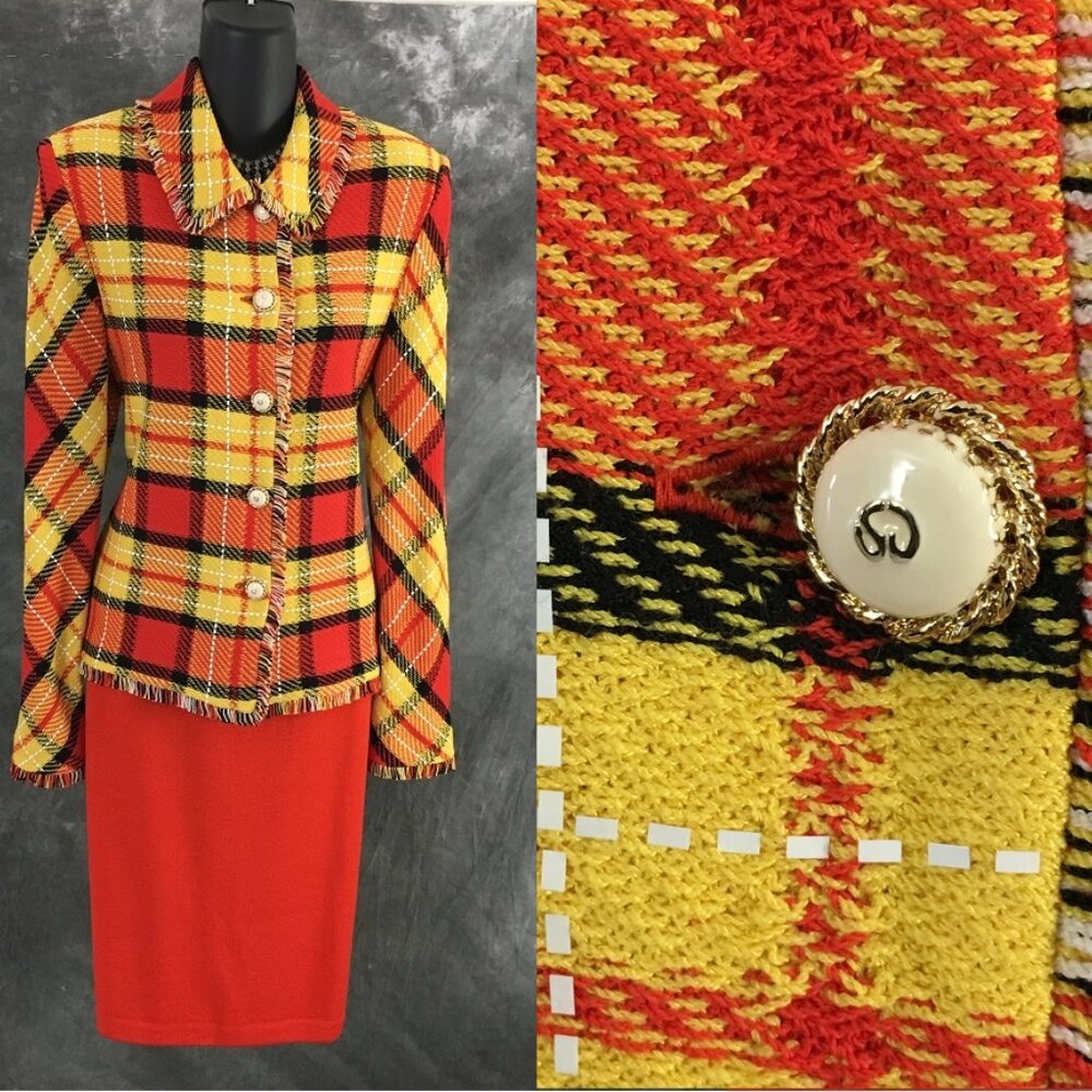 BEAUTIFUL St John collection knit yellow red orange black multi skirt suit 10